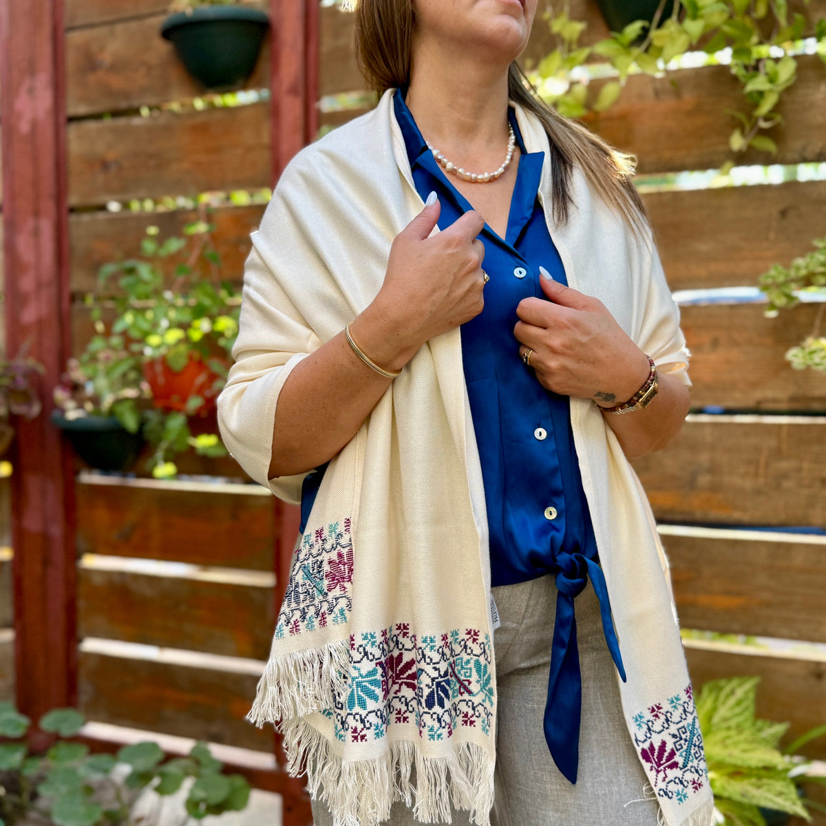 Hand-embroidered tatreez scarf in beige