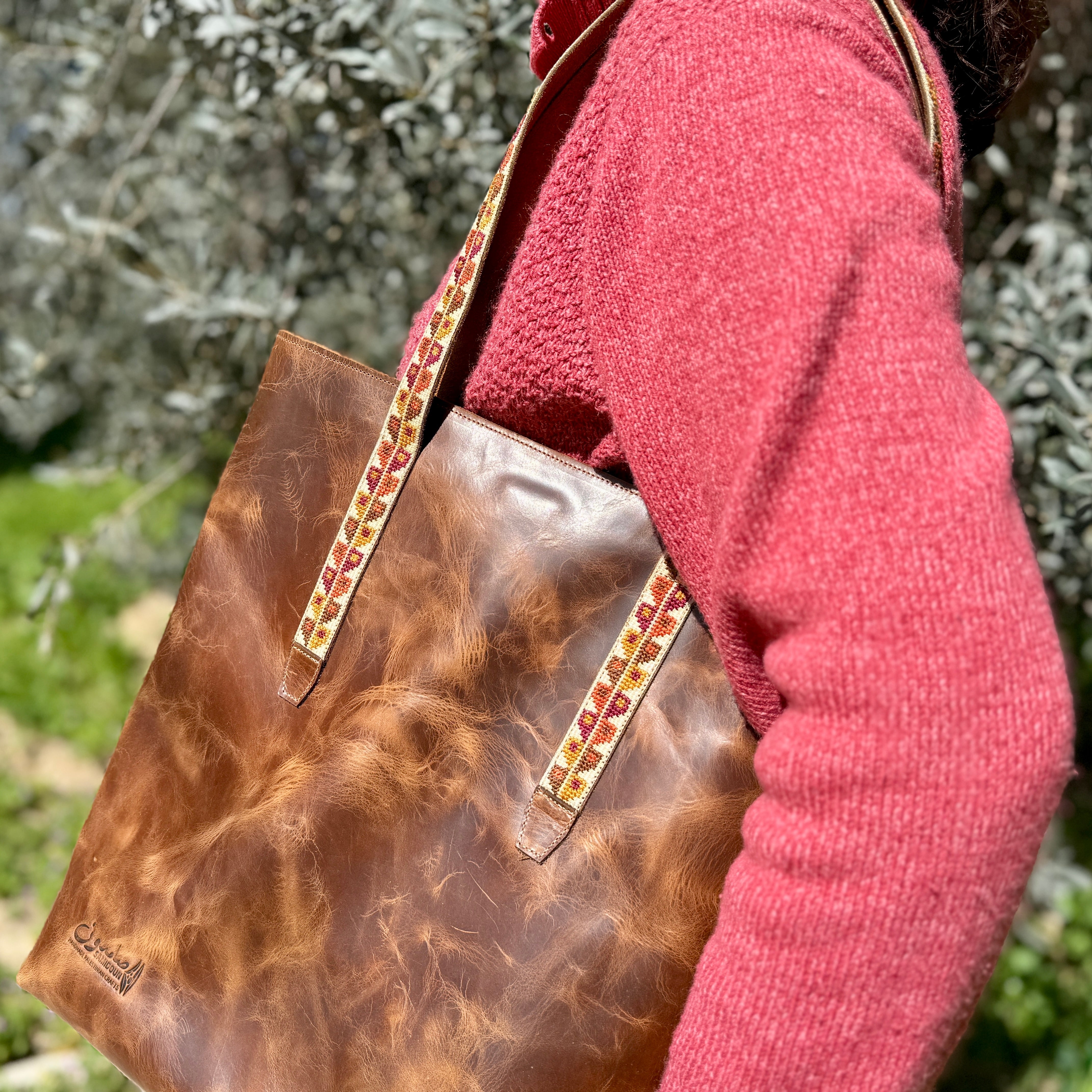 Leather Tote Bag with Tatreez Handles