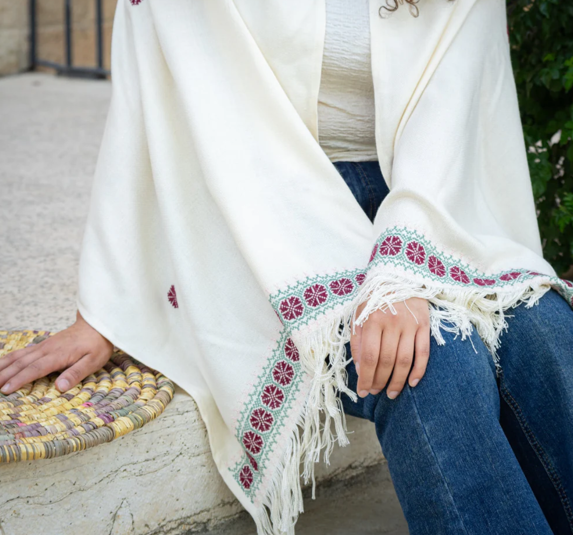 White Tatreez Palestinian Flower Shawl