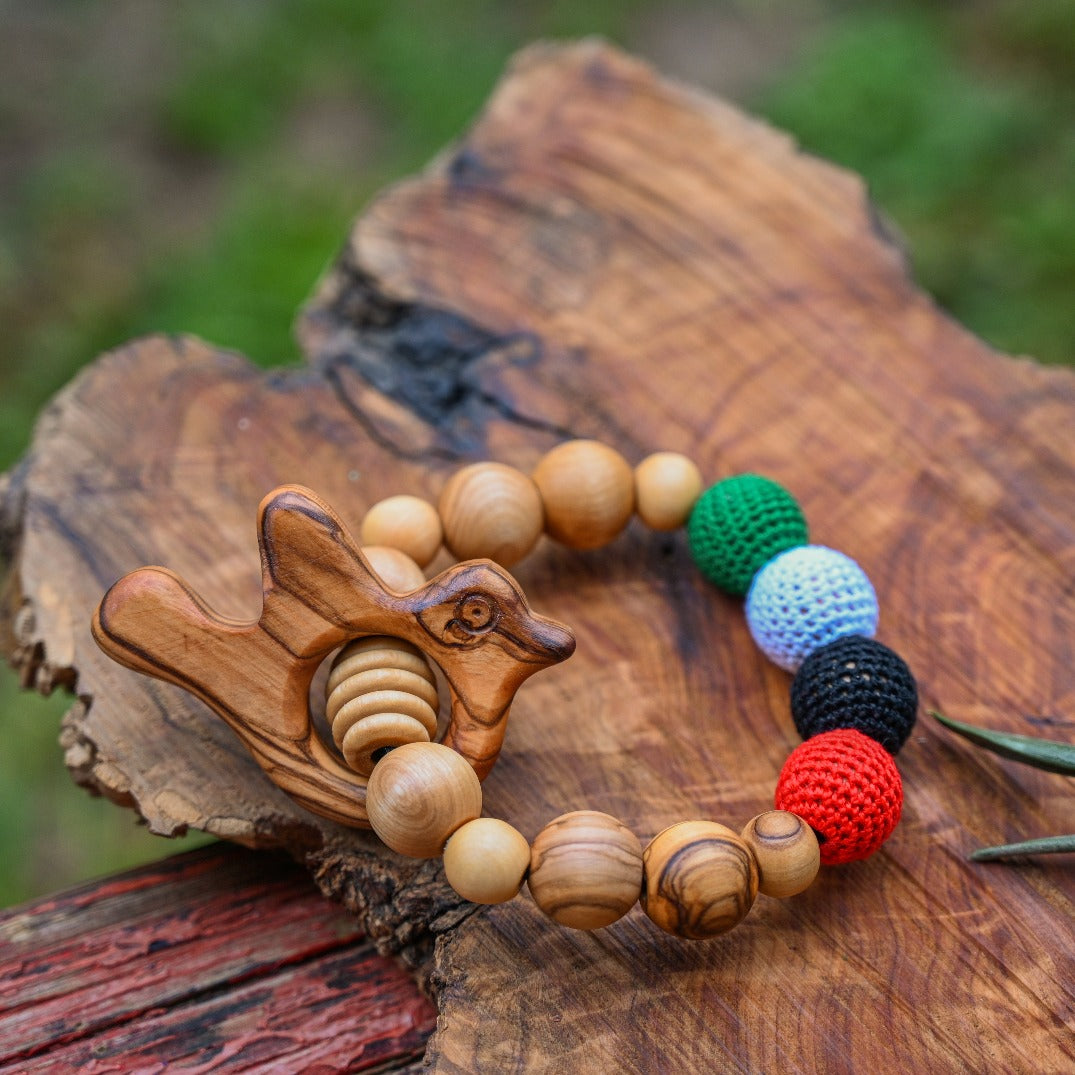 Palestinian Olive Wood Dove Teething Rings for Infants with Crocheted Beads