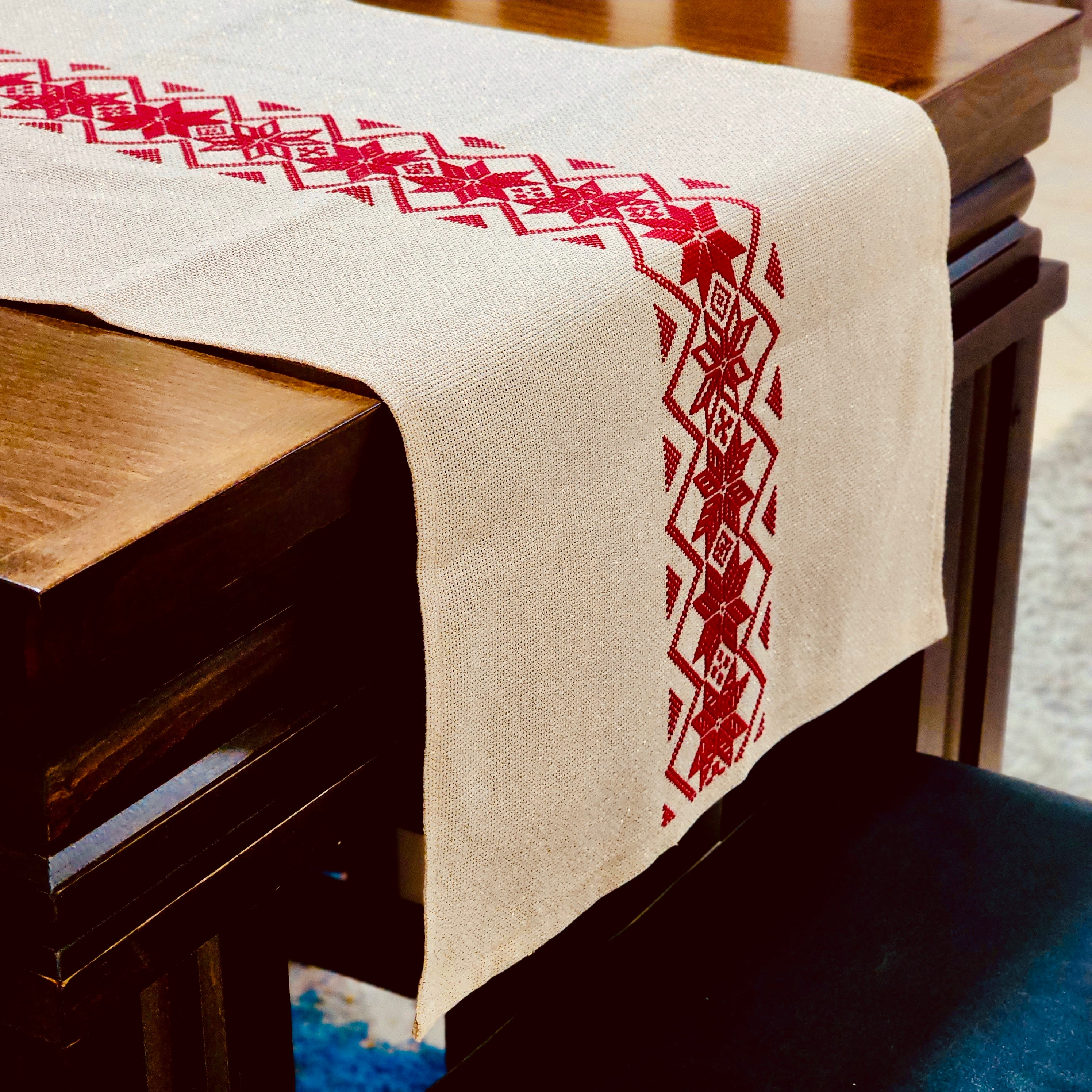 Stunning Hand Embroidered Table Runner with Palestinian Tatreez in Red and Gold