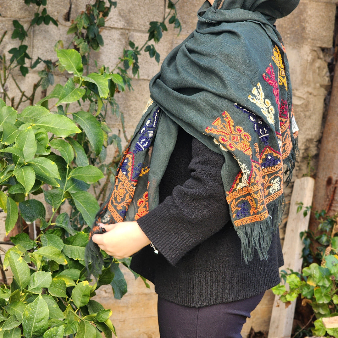 Hand Embroidered Shawl | Traditional Palestinian Tatreez on Navy Blue Rectangle