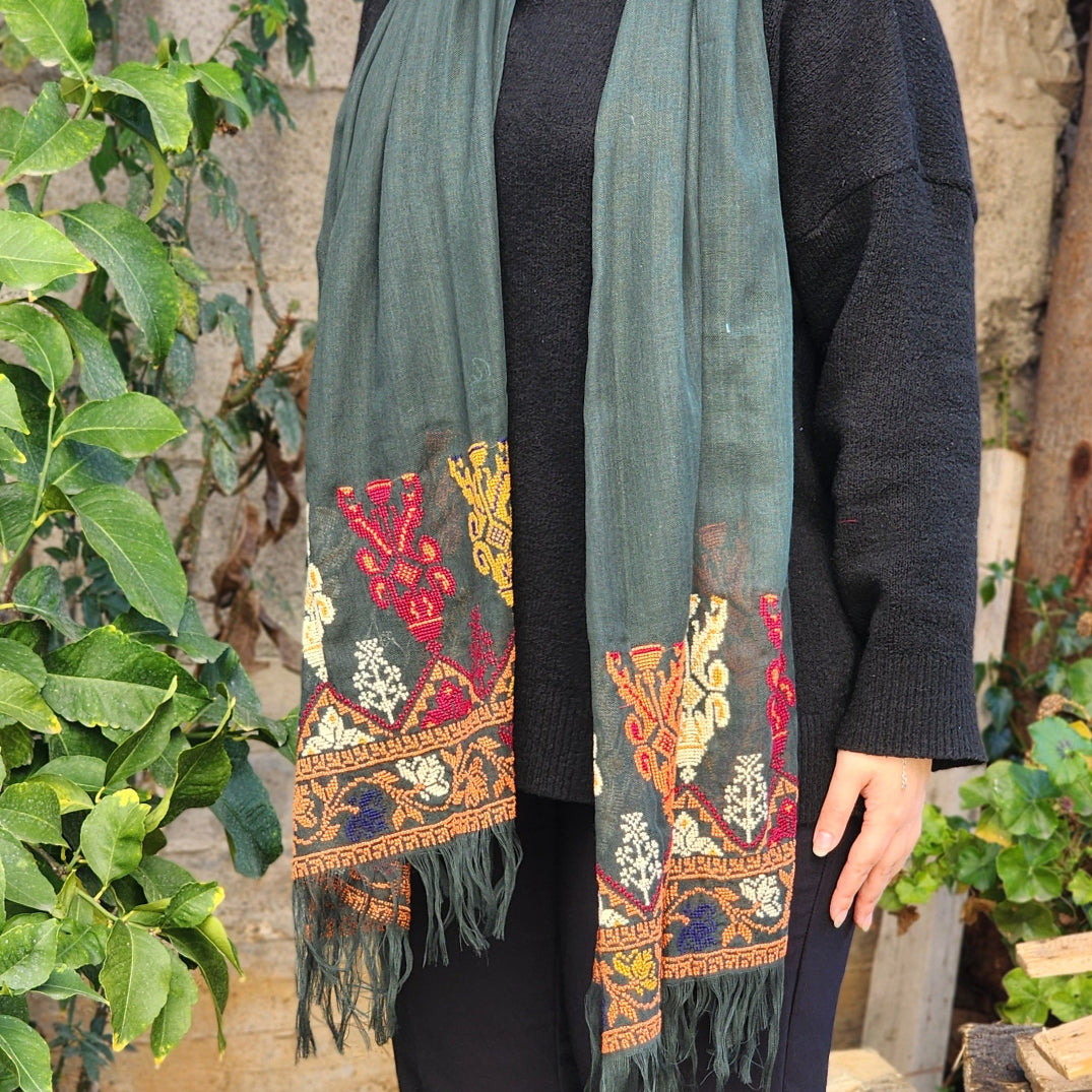 Hand Embroidered Shawl | Traditional Palestinian Tatreez on Navy Blue Rectangle