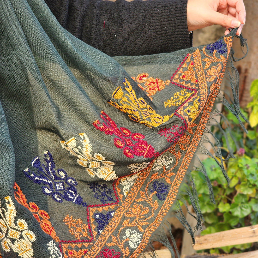 Hand Embroidered Shawl | Traditional Palestinian Tatreez on Navy Blue Rectangle