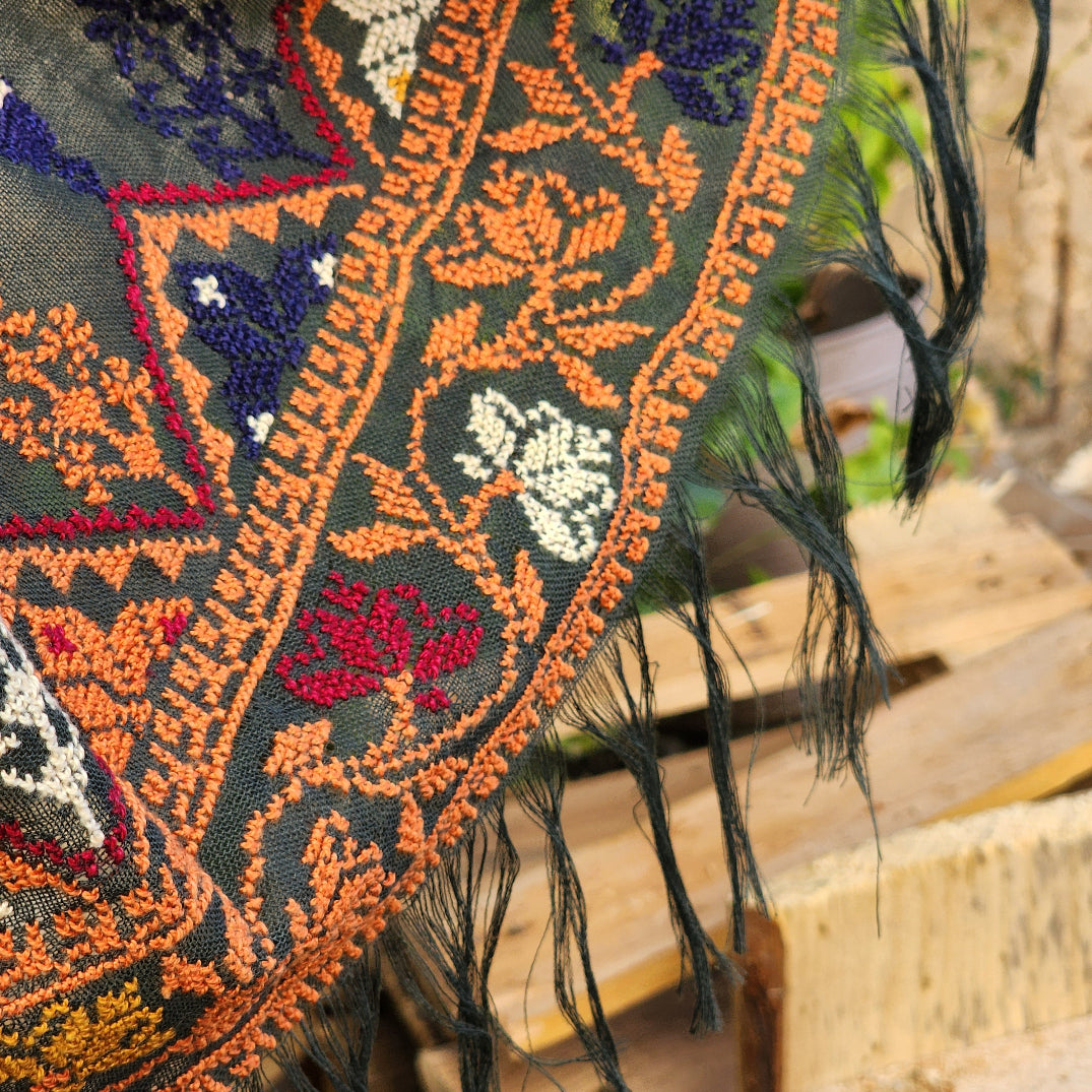 Hand Embroidered Shawl | Traditional Palestinian Tatreez on Navy Blue Rectangle