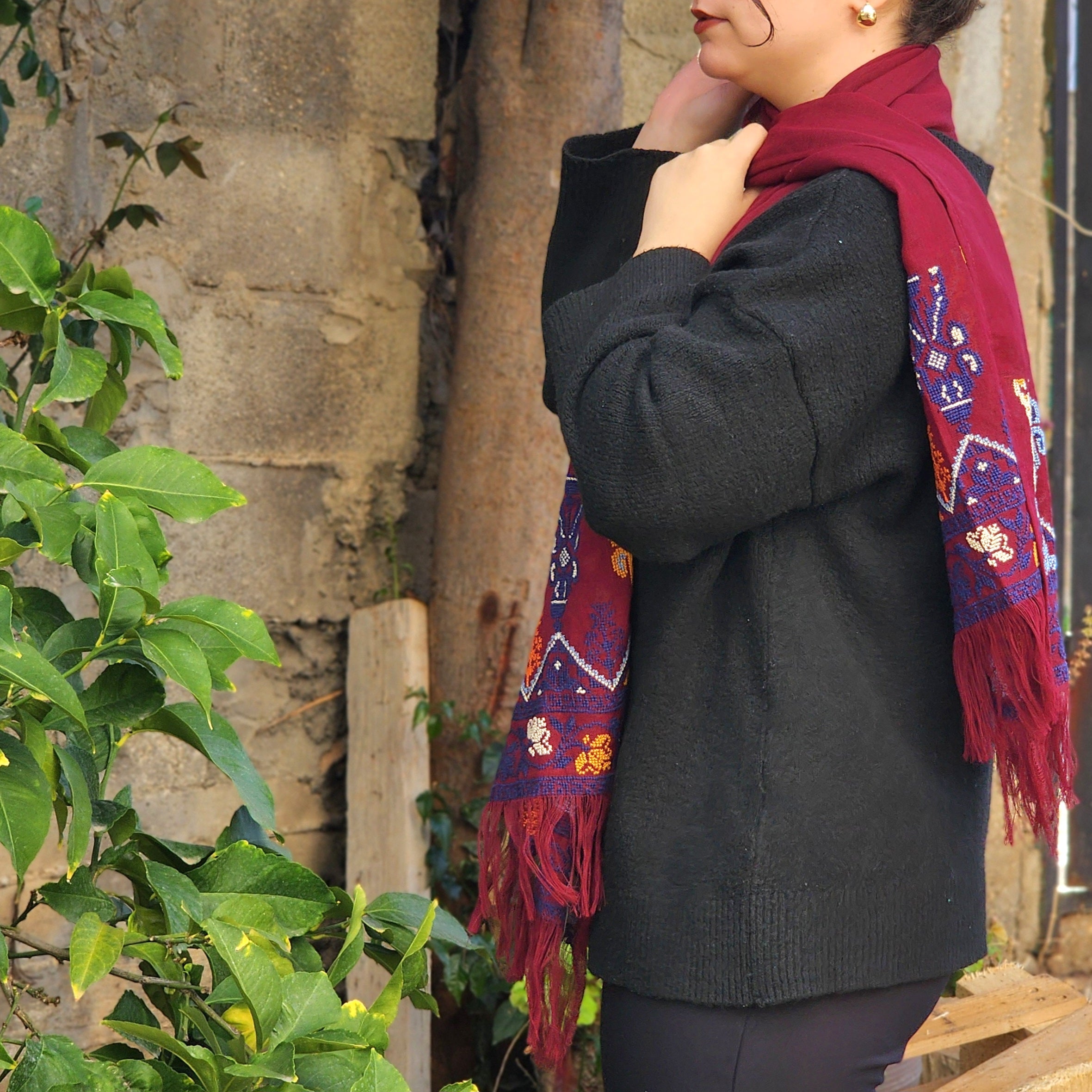 Hand Embroidered Shawl | Traditional Palestinian Tatreez on Navy Blue Rectangle