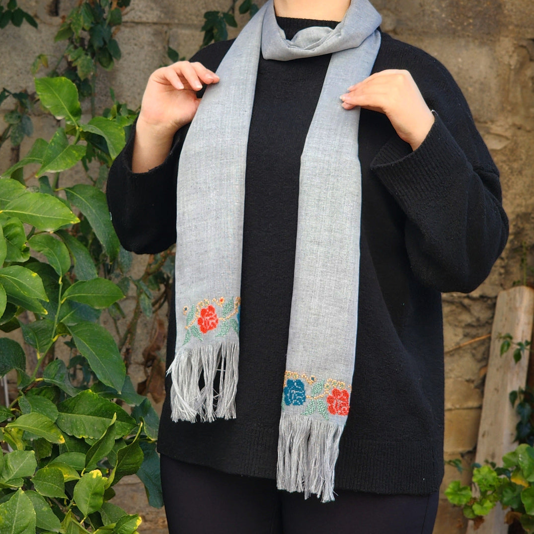 Palestinian Tatreez Scarf | Hand Embroidered in Palestine with Flowers on Grey - Handmade Palestine | Fairly Traded & Handcrafted Gifts