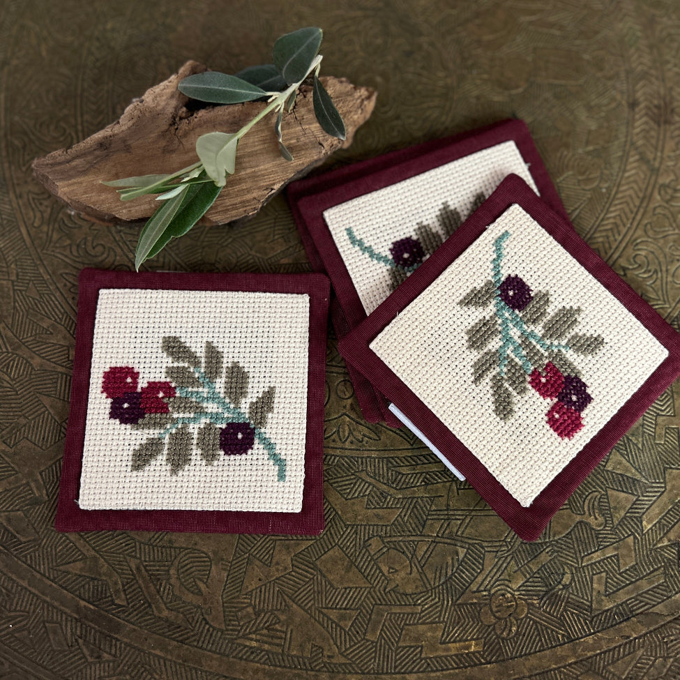 Embroidered Coasters - Palestinian Tatreez Olive Leaf - Set of 4 from Palestine