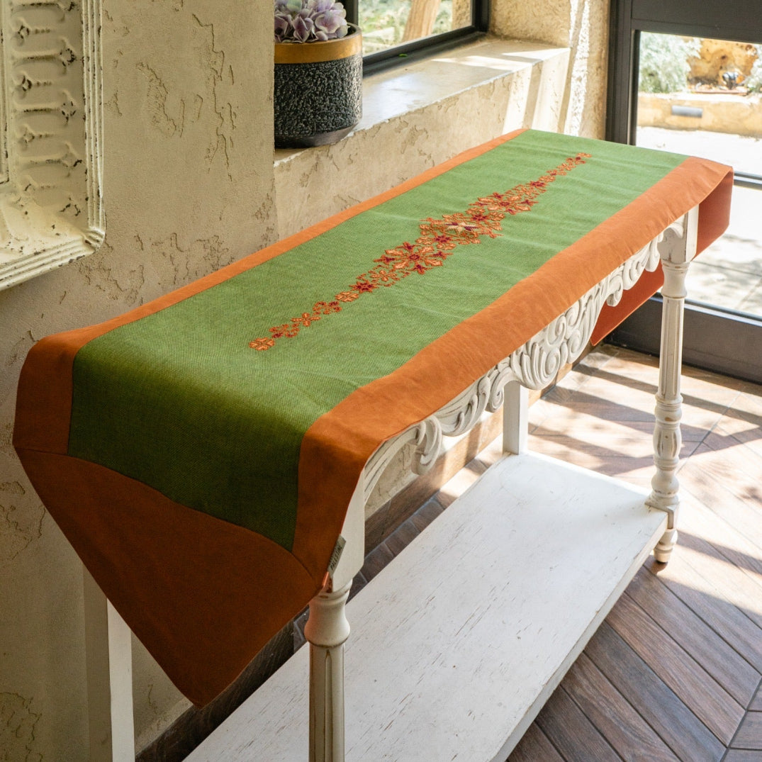 Olive Green and Orange Table Runner with Palestinian Tatreez