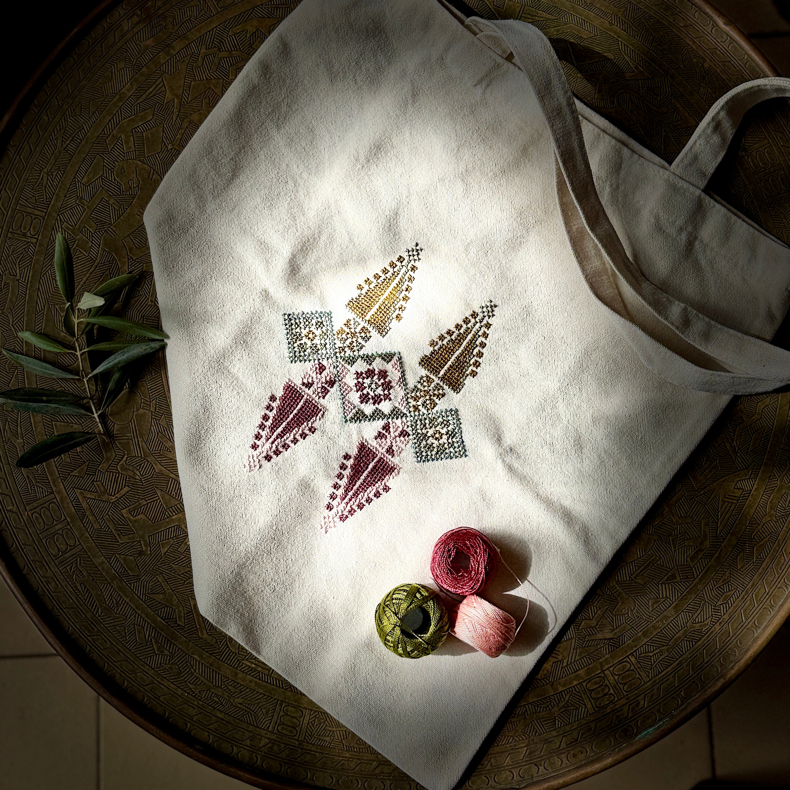 Palestinian Tatreez on Beige Tote Hand Stitched by Women Artisans in Palestine