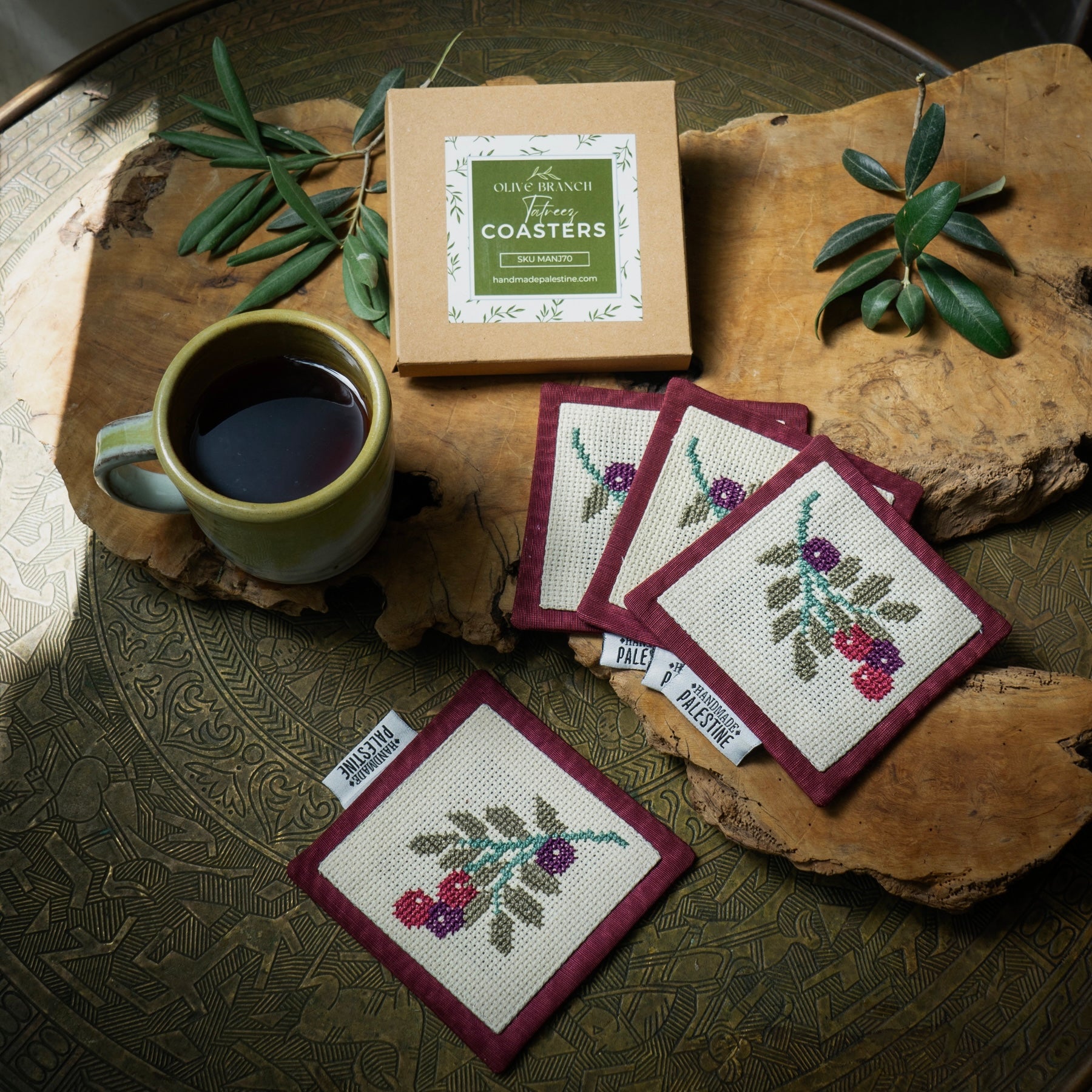 Embroidered Coasters - Palestinian Tatreez Olive Leaf - Set of 4 from Palestine