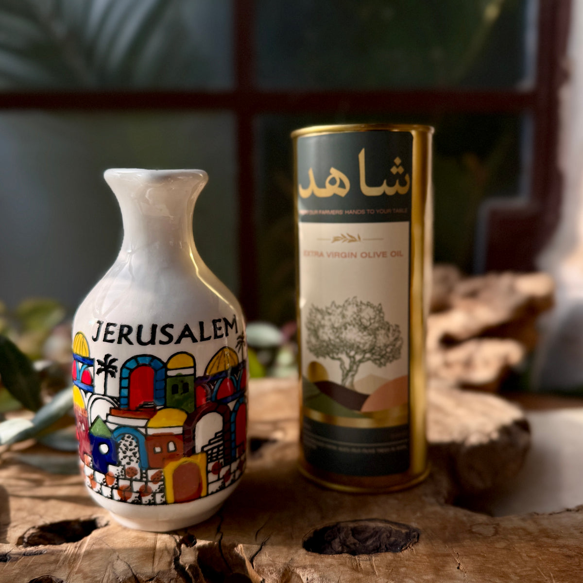 Limited Edition Gift Set: Handmade Ceramic Olive Oil Bottle with Palestinian Cold Pressed, All Natural Olive Oil