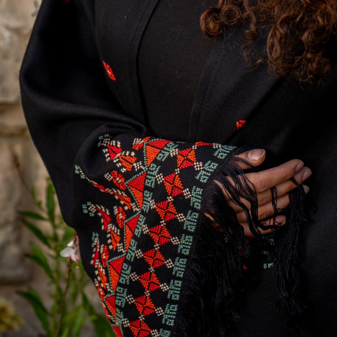 Tatreez Shawl Hand Embroidered in Palestine | Orange on Black