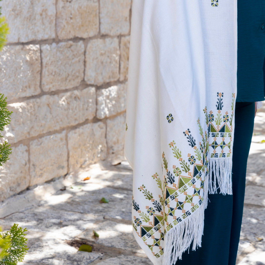Tatreez Shawl Hand Embroidered in Palestine | Greens on Beige