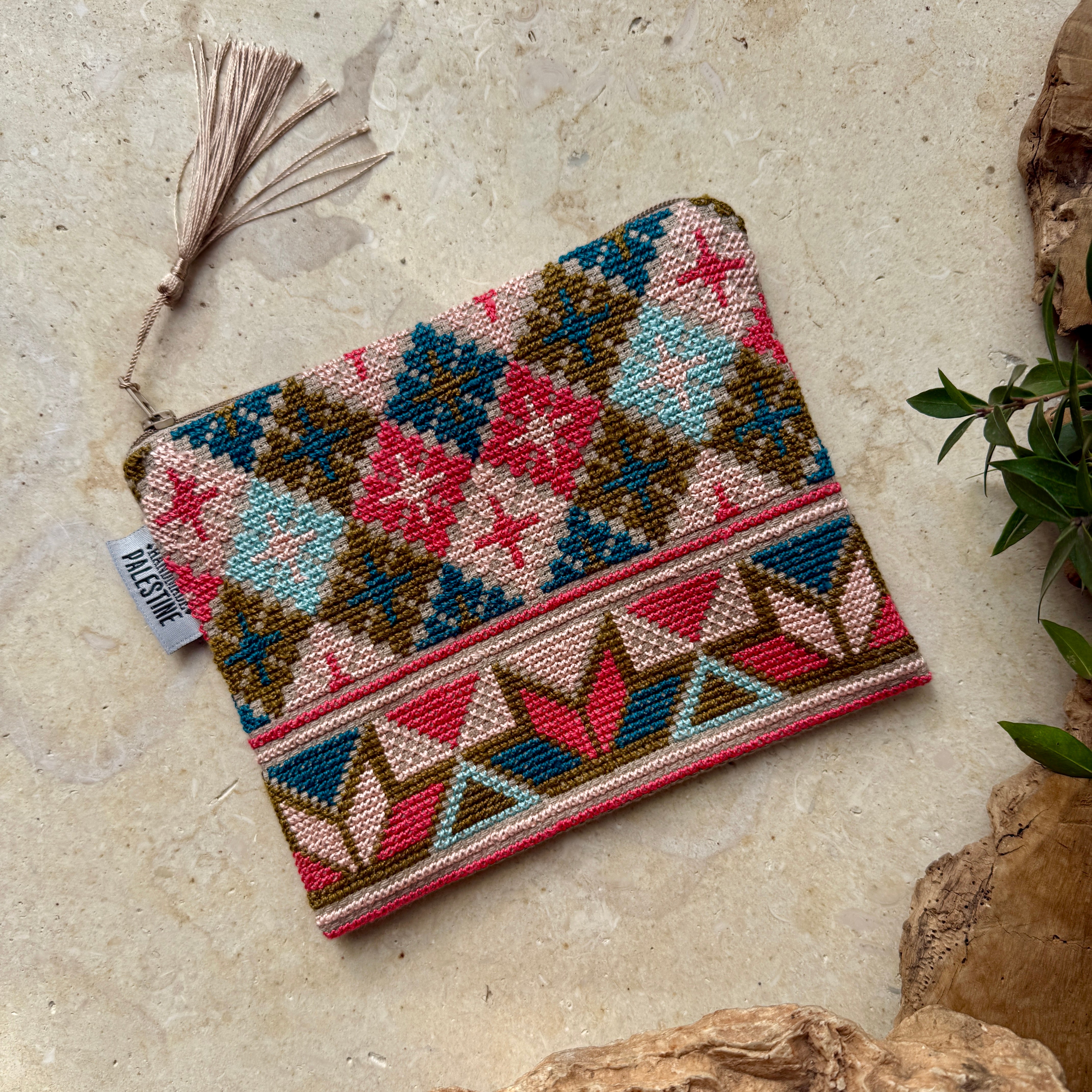 Murjan (Coral) Colors on Palestinian Embroidered Pouch | Handcrafted Tatreez Bag from Palestine