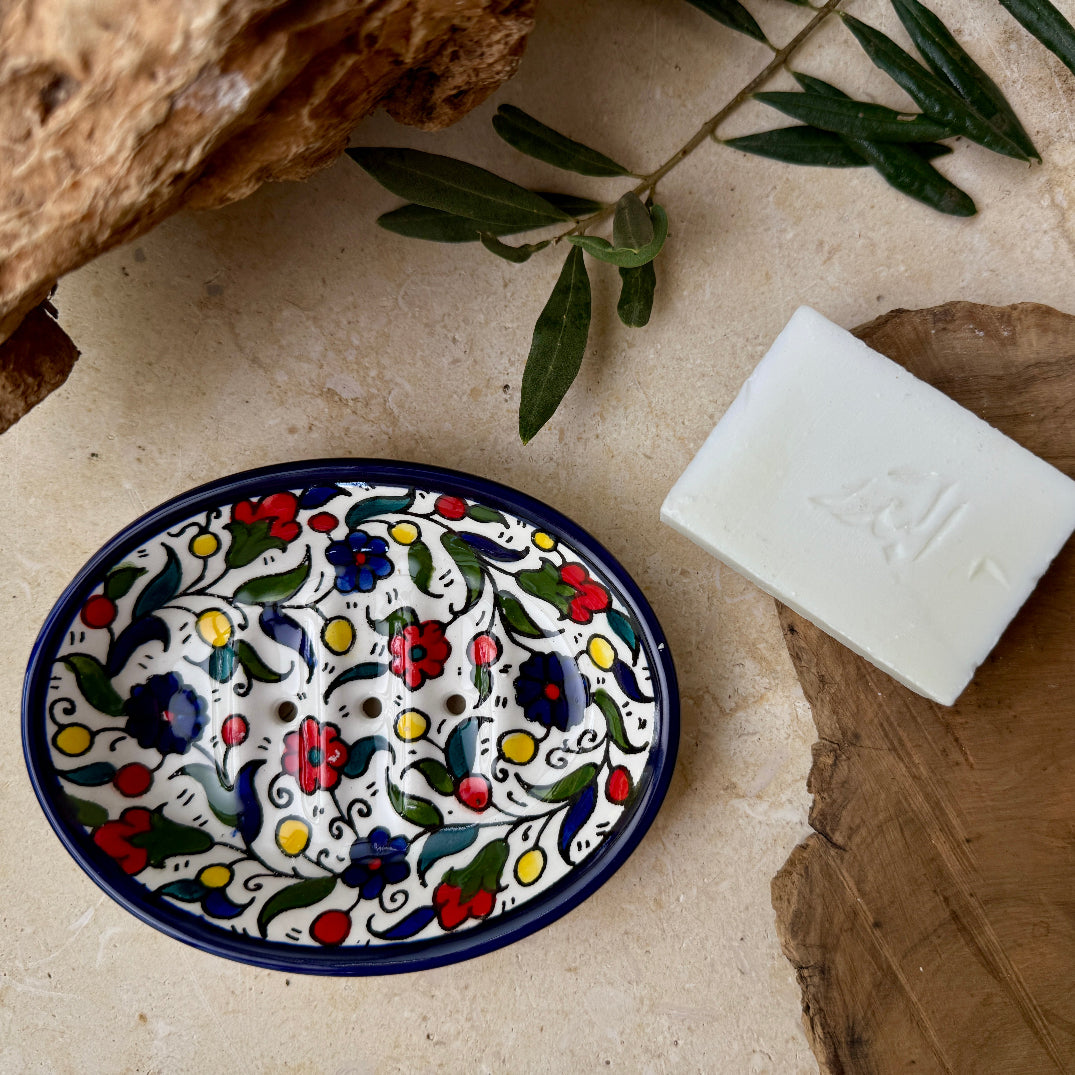 Hand Painted Hebron Ceramic Soap Dish with Nabulsi Olive Oil Soap from Palestine