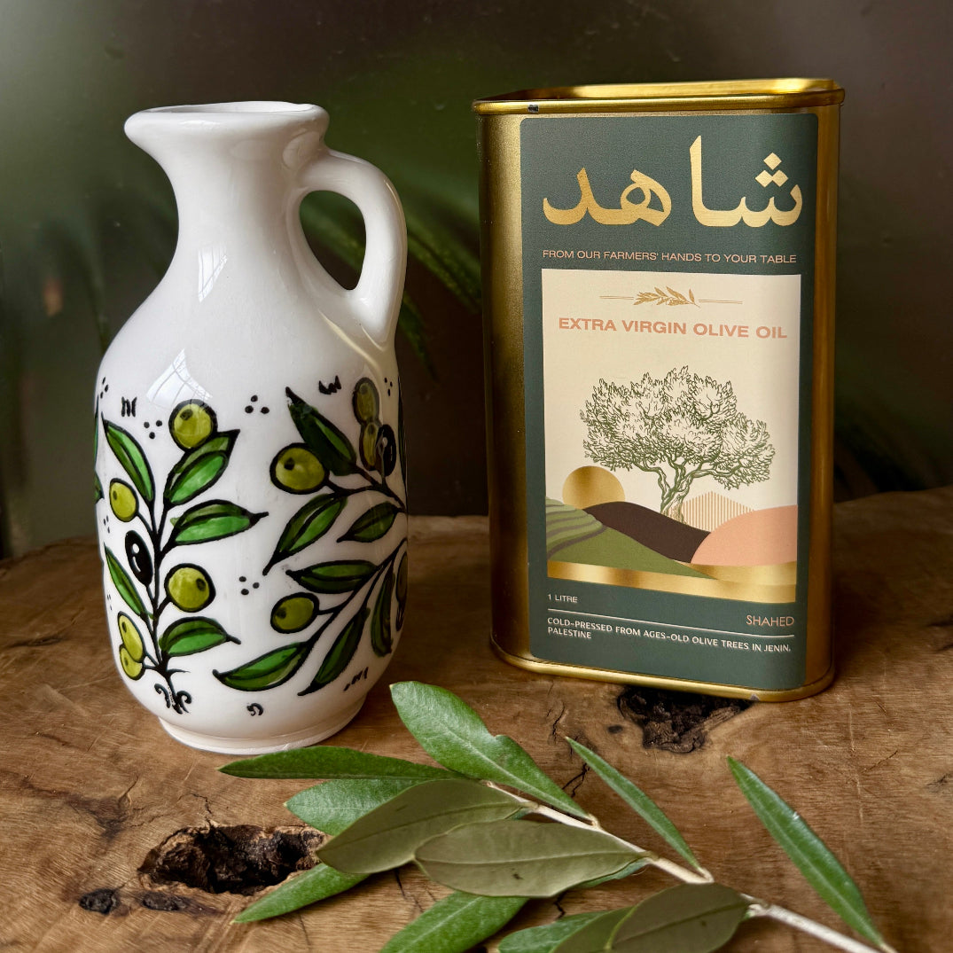 Limited Edition Gift Set: Handmade Ceramic Olive Oil Bottle with Palestinian Cold Pressed, All Natural Olive Oil