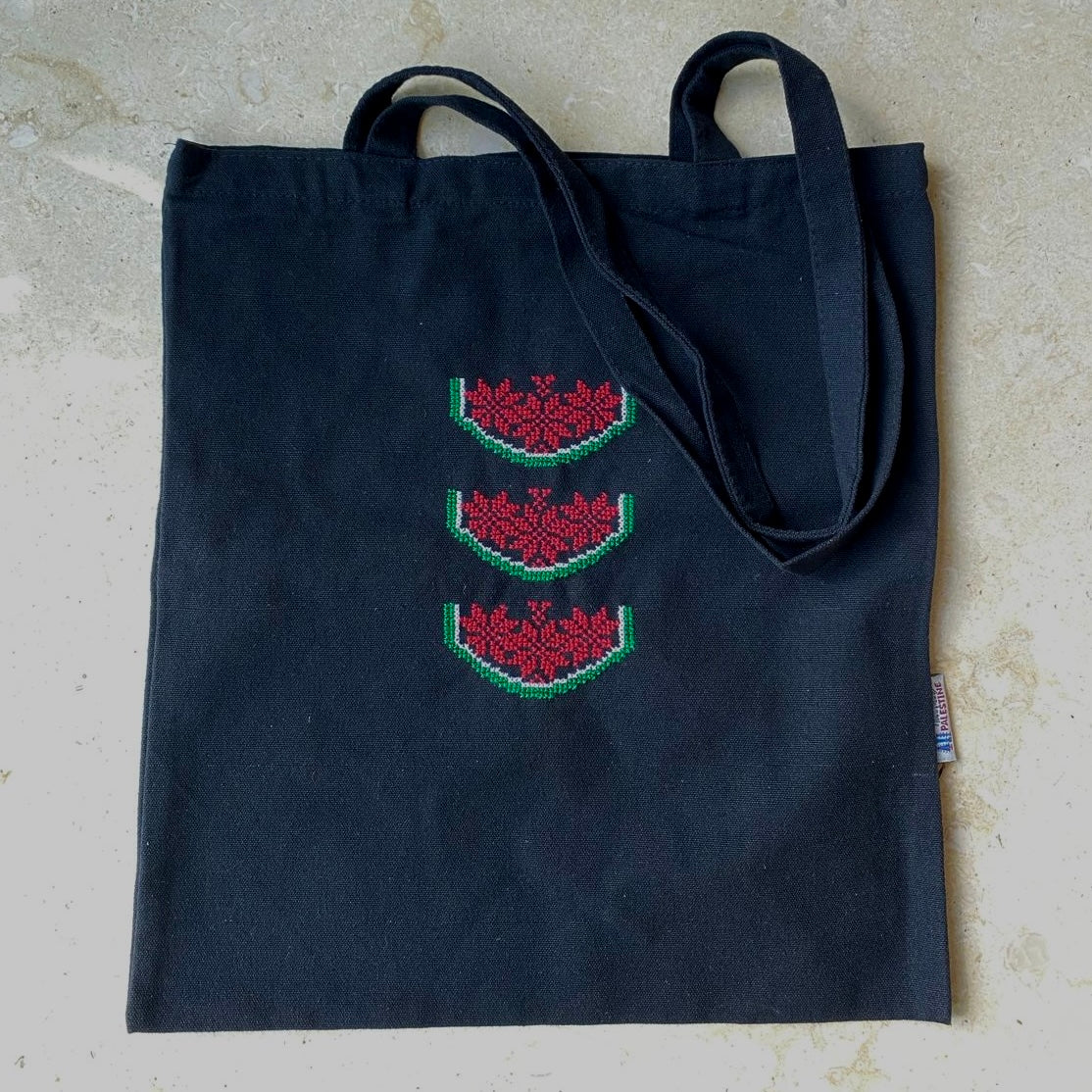 Watermelon Tatreez on Black Tote Hand Stitched by Women Artisans in Palestine