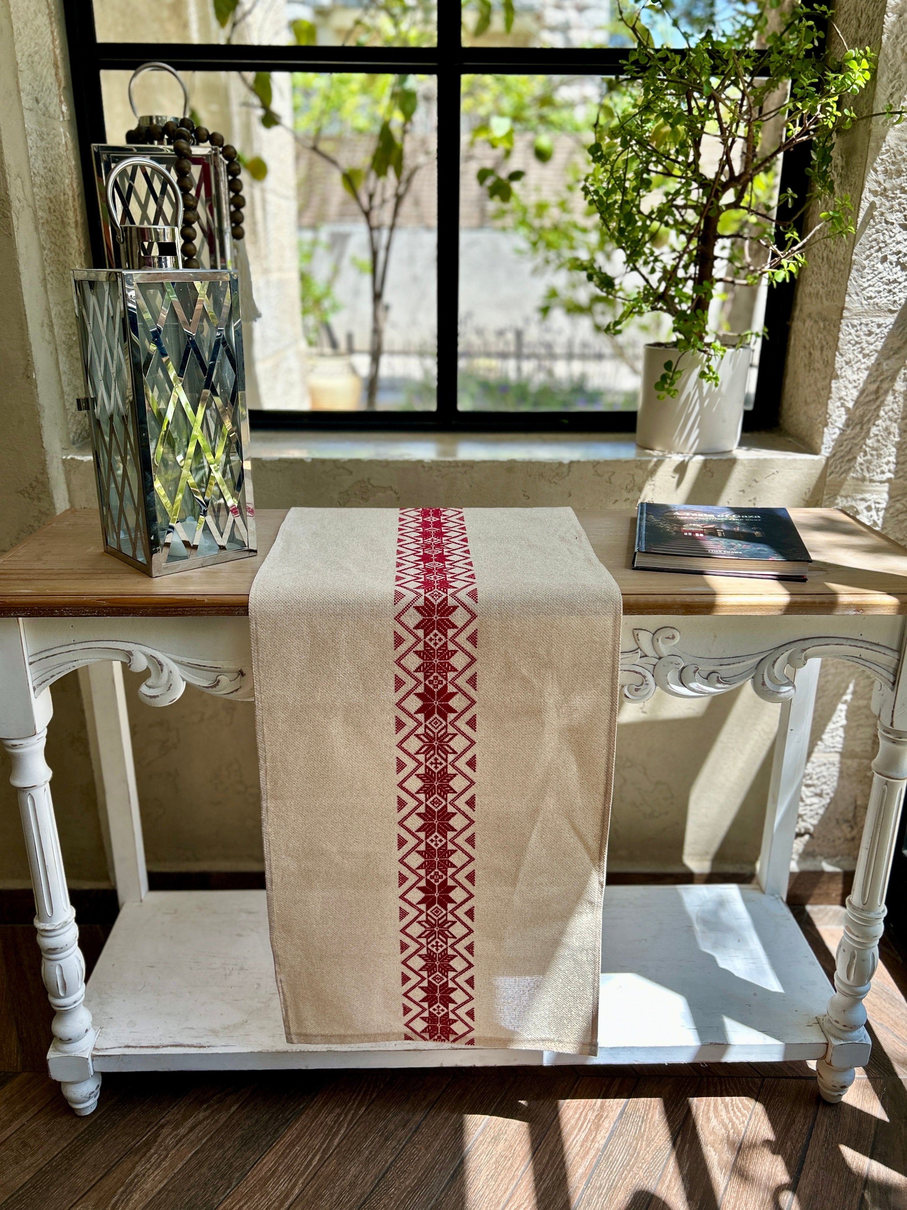 Stunning Hand Embroidered Table Runner with Palestinian Tatreez in Red and Gold