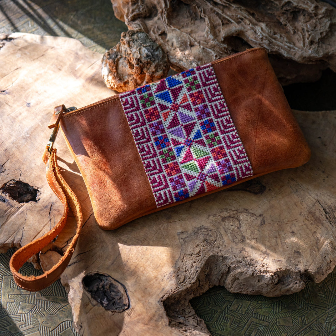 Leather with Hand Crafted Palestinian Tatreez | 3 in 1 Travel Fanny Pack - Clutch