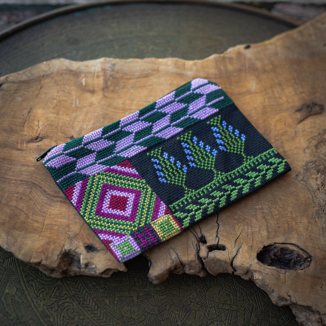 Hand Crafted Palestinian Embroidered Pouch | Tatreez Bag in Pink Diamond