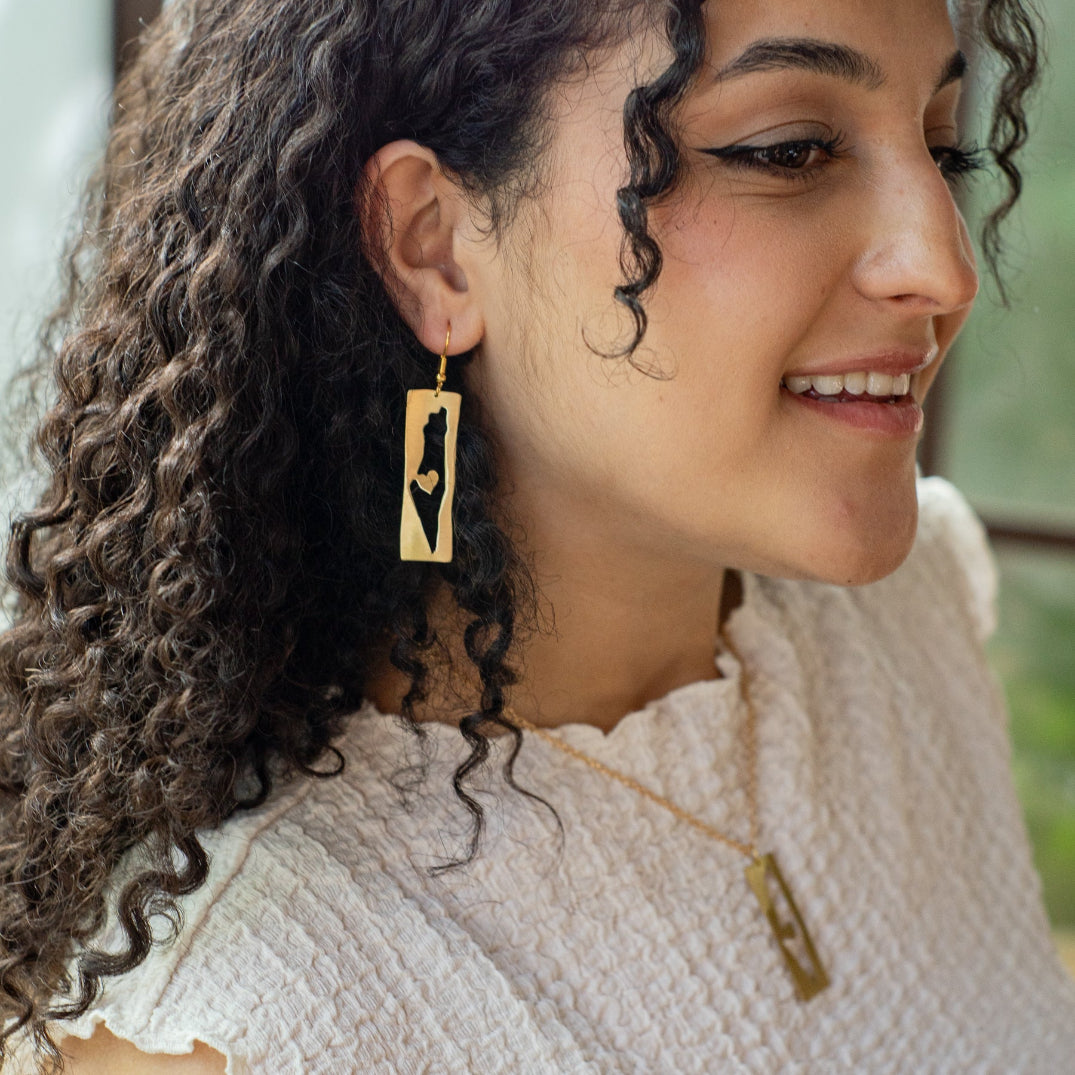 I Heart Palestine Map Shaped Brass Earring and Necklace Gift Set | Handmade Jewelry from Palestine