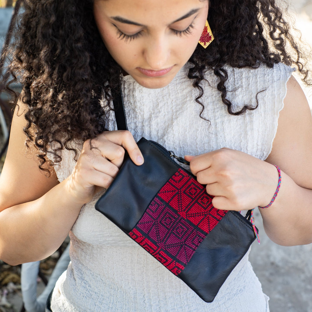 Leather with Hand Crafted Palestinian Tatreez | 3 in 1 Travel Fanny Pack - Clutch