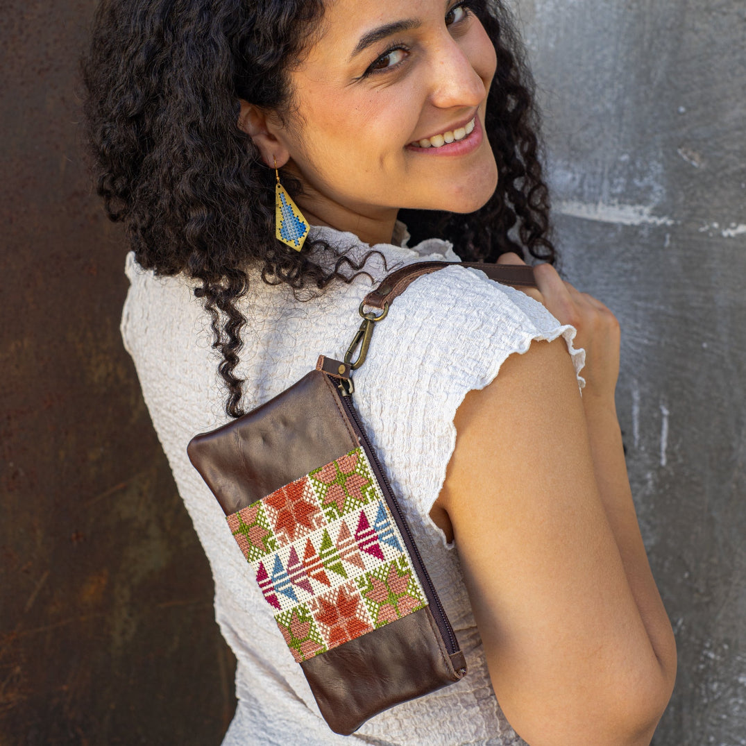 Leather with Hand Crafted Palestinian Tatreez | 3 in 1 Travel Fanny Pack - Clutch