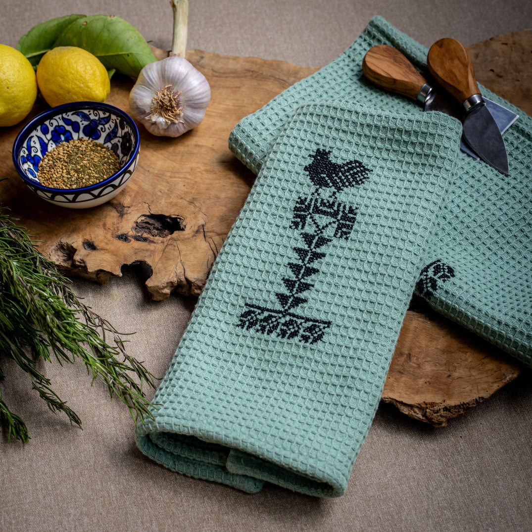 Set of 2 Tea Towels with Palestinian Tatreez - Rooster Embroidery