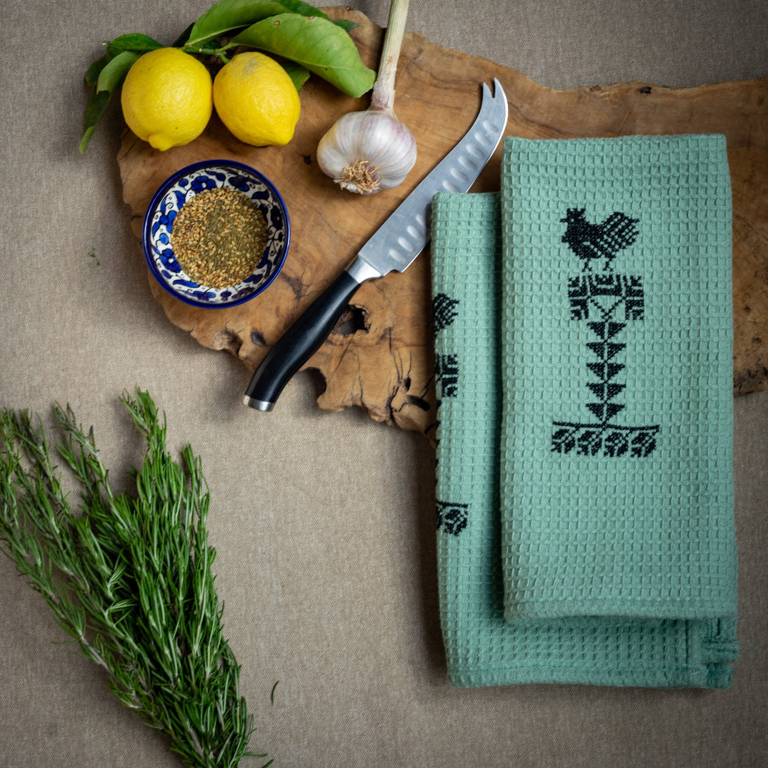 Set of 2 Tea Towels with Palestinian Tatreez - Rooster Embroidery