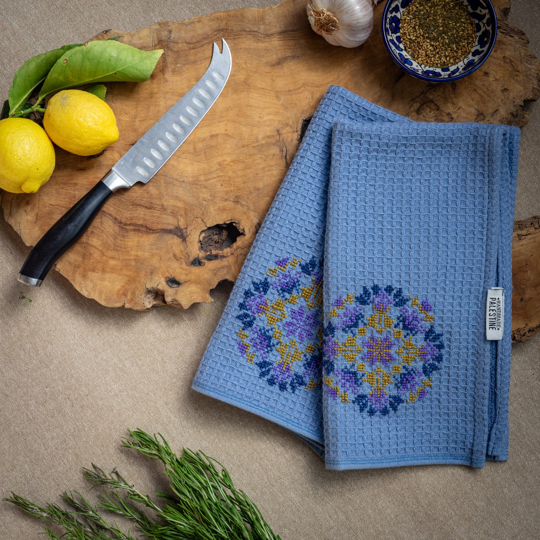 Tea Towels with Palestinian Tatreez - Set of 2 on Blue