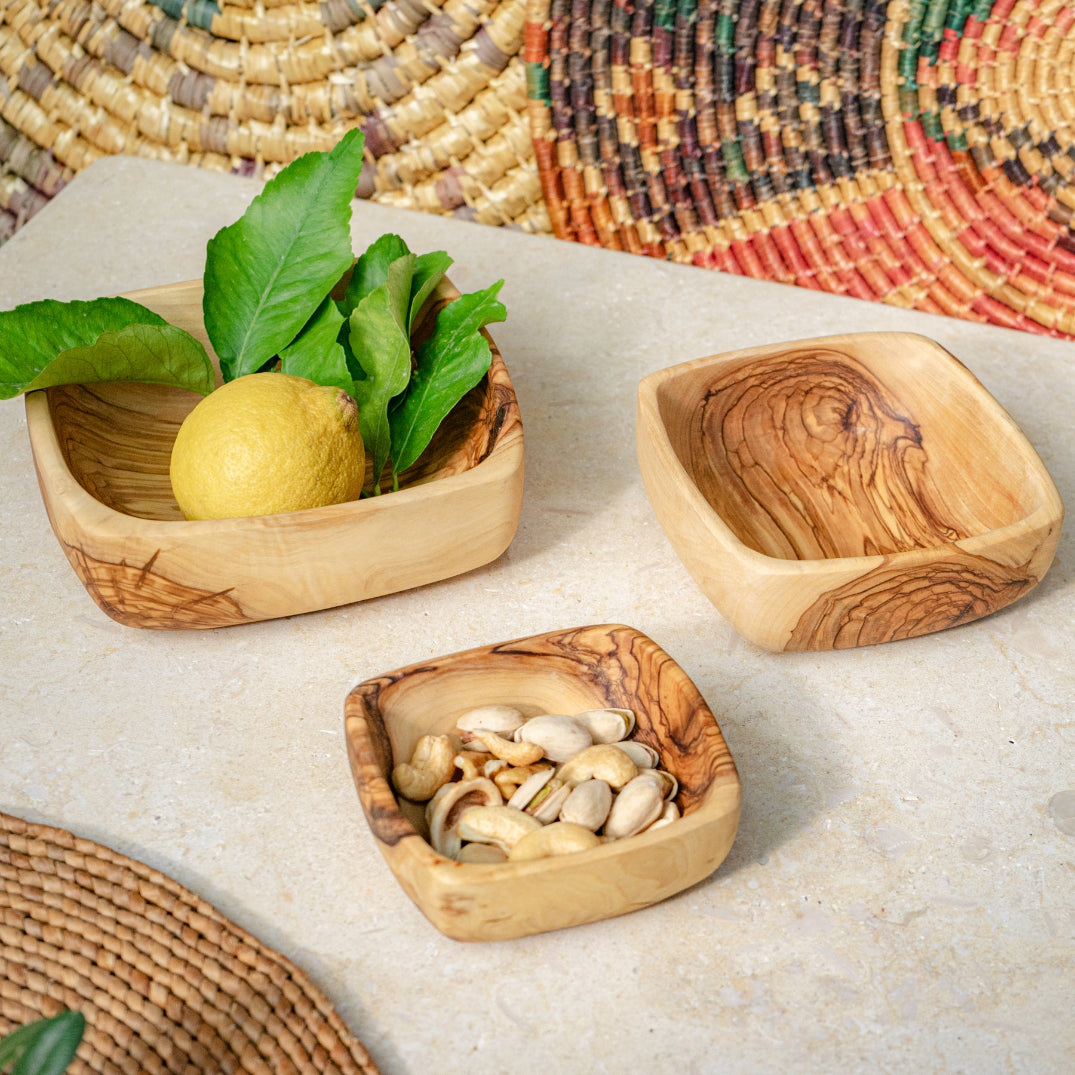 Olive Wood Square Bowls Set of 3 from Palestine | Hand Carved Dishes