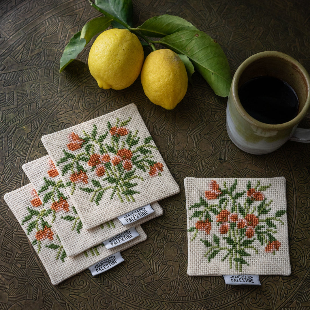 Coasters with Palestinian Tatreez| Hand Stitched Embroidery | Wildflowers of Palestine
