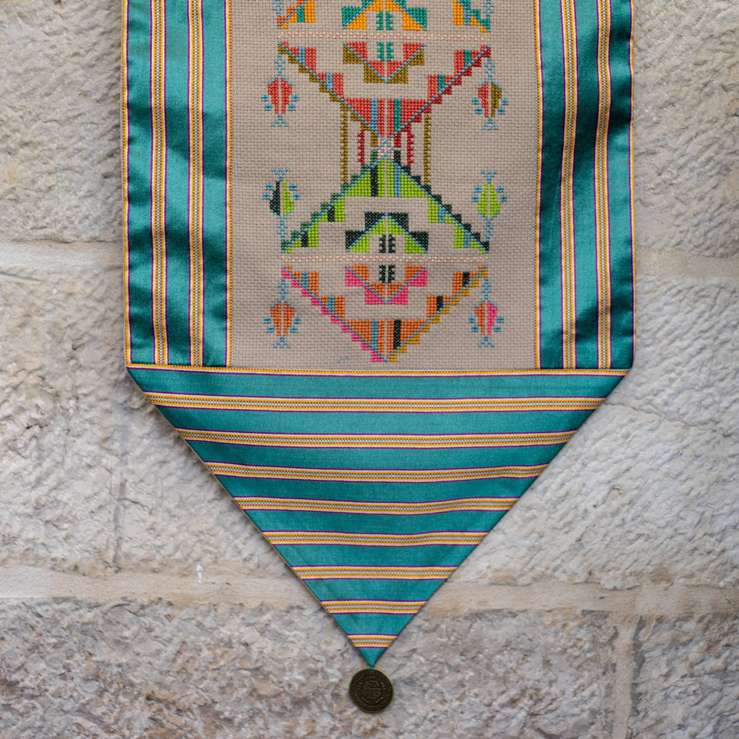 Gorgeous Palestinian Tatreez Wall Decoration with Syrian Saya Fabric