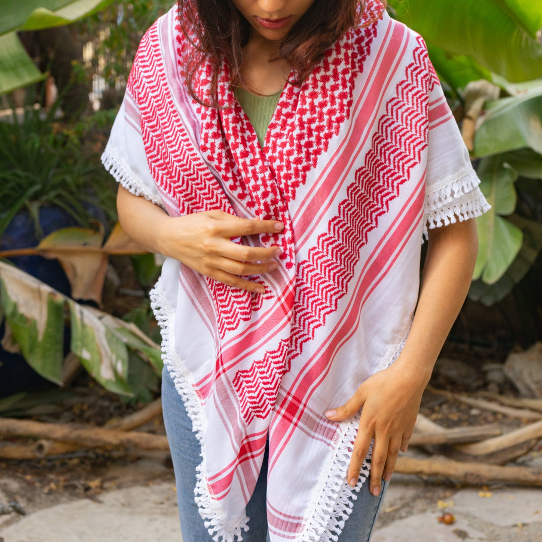 Traditional Arafat Keffiyeh from Palestinian Factory in Red on White