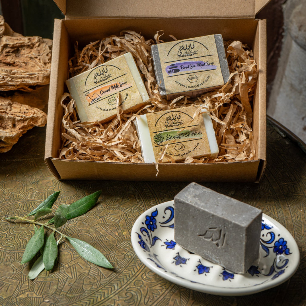 Palestinian Soap Sampler | Bath Gift Box | Palestinian Olive Oil Soaps and Olive Wood Dish
