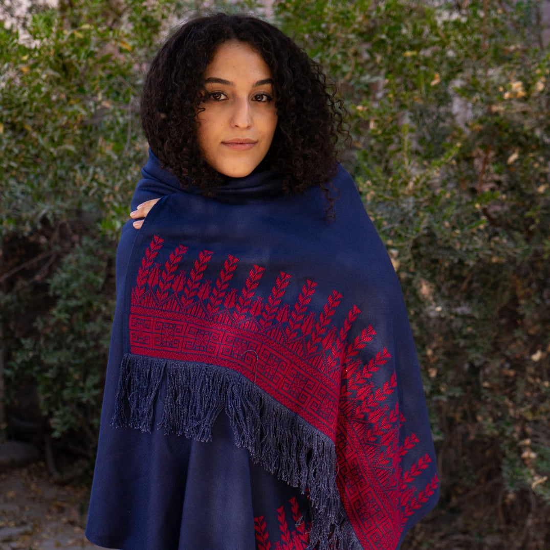 Shawl Hand Embroidered in Palestine | Traditional Palestinian Tatreez in Red on Navy Blue Rectangle