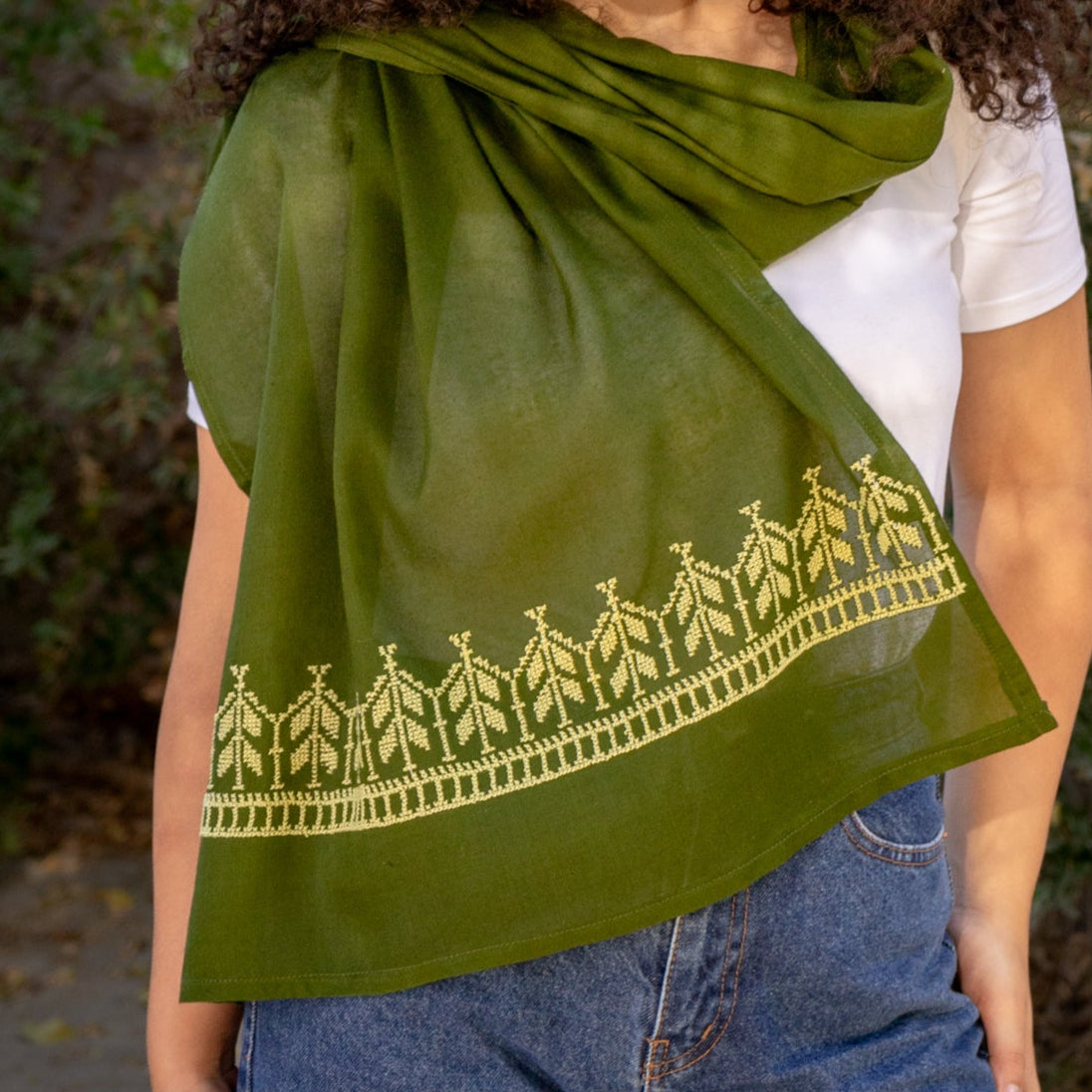 Summer Scarf with Palestinian Tatreez in Greens| Hand Embroidered in Palestine