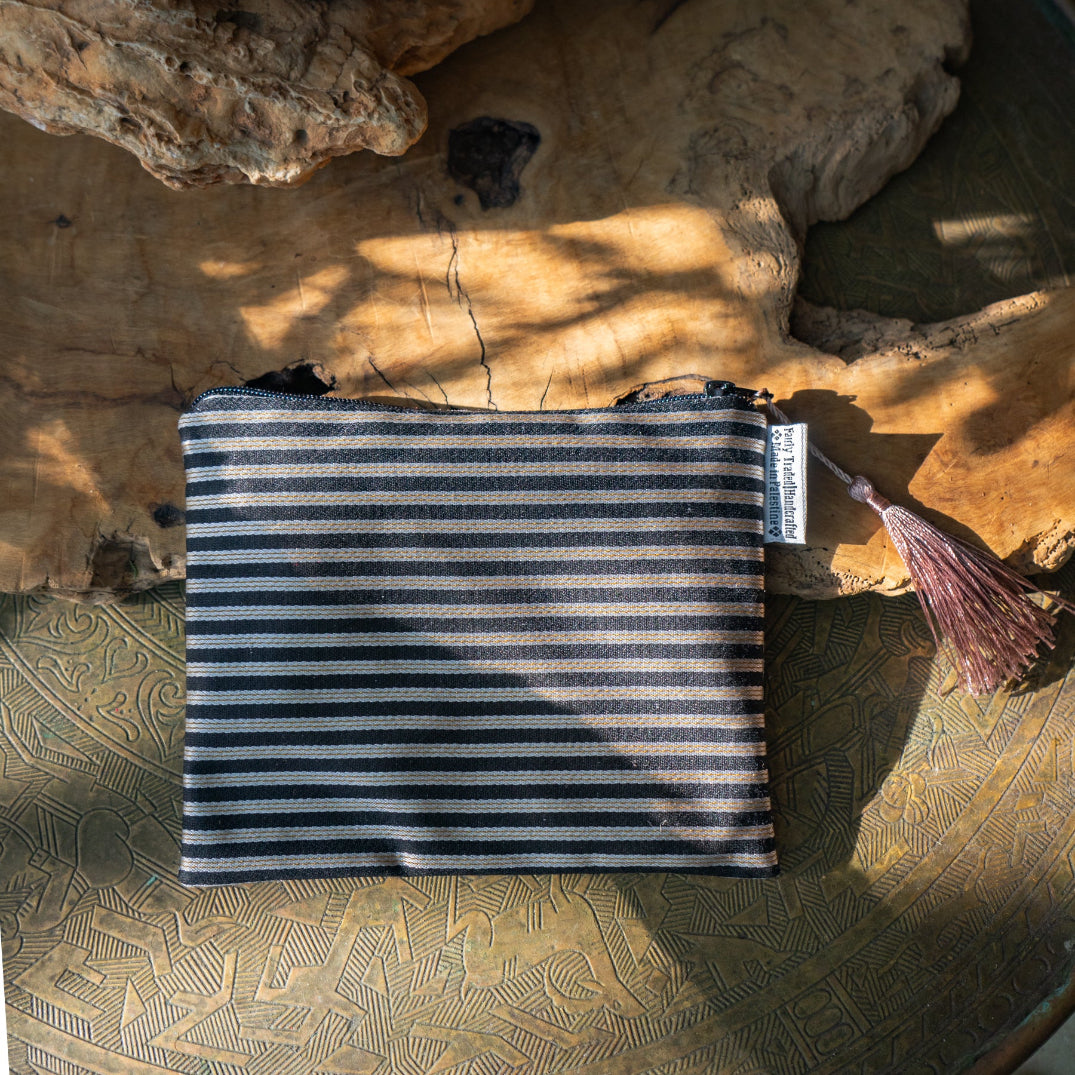Traditional Gaza Stitch on Silk in Blacks and Greys| Palestinian Tatreez Pouch