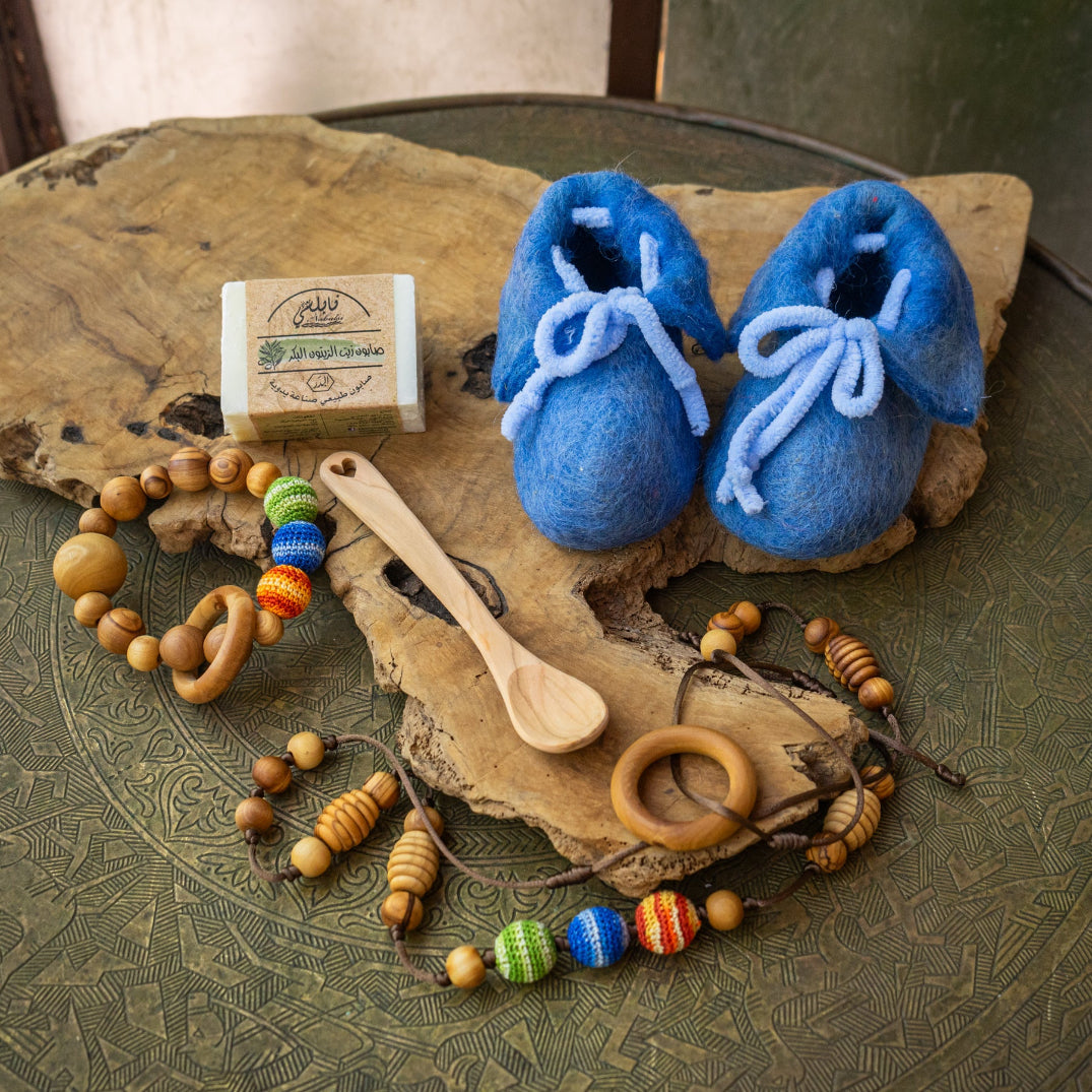 All Natural Baby Shower Gift Bundle | Hand Crafted Teething Ring & Baby Booties