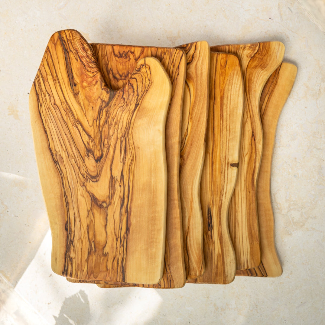 Gift Bundle: Unique Olive Wood Cheese Board with Hand Carved Olive Wood Cheese Knives Set