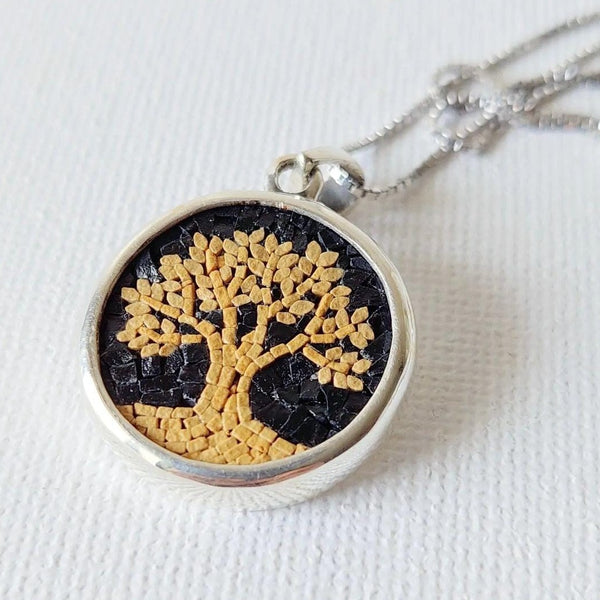 Exquisite Olive Tree Micro Mosaic Necklace | Hand Crafted Silver Jewelry from Bethlehem