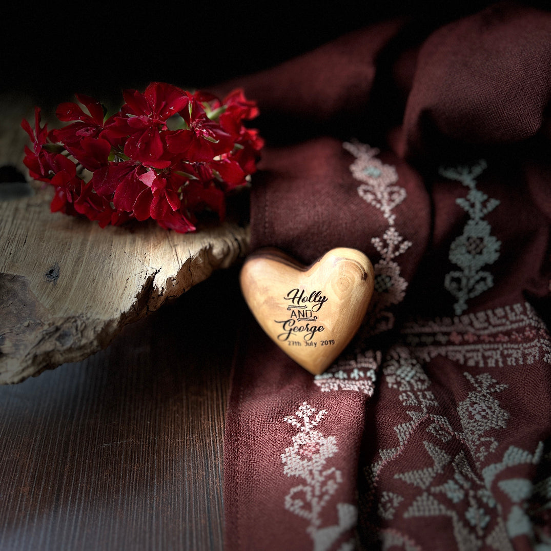 Personalized Olive Wood Heart with Names and Date | Unique Wedding Favors from Palestine