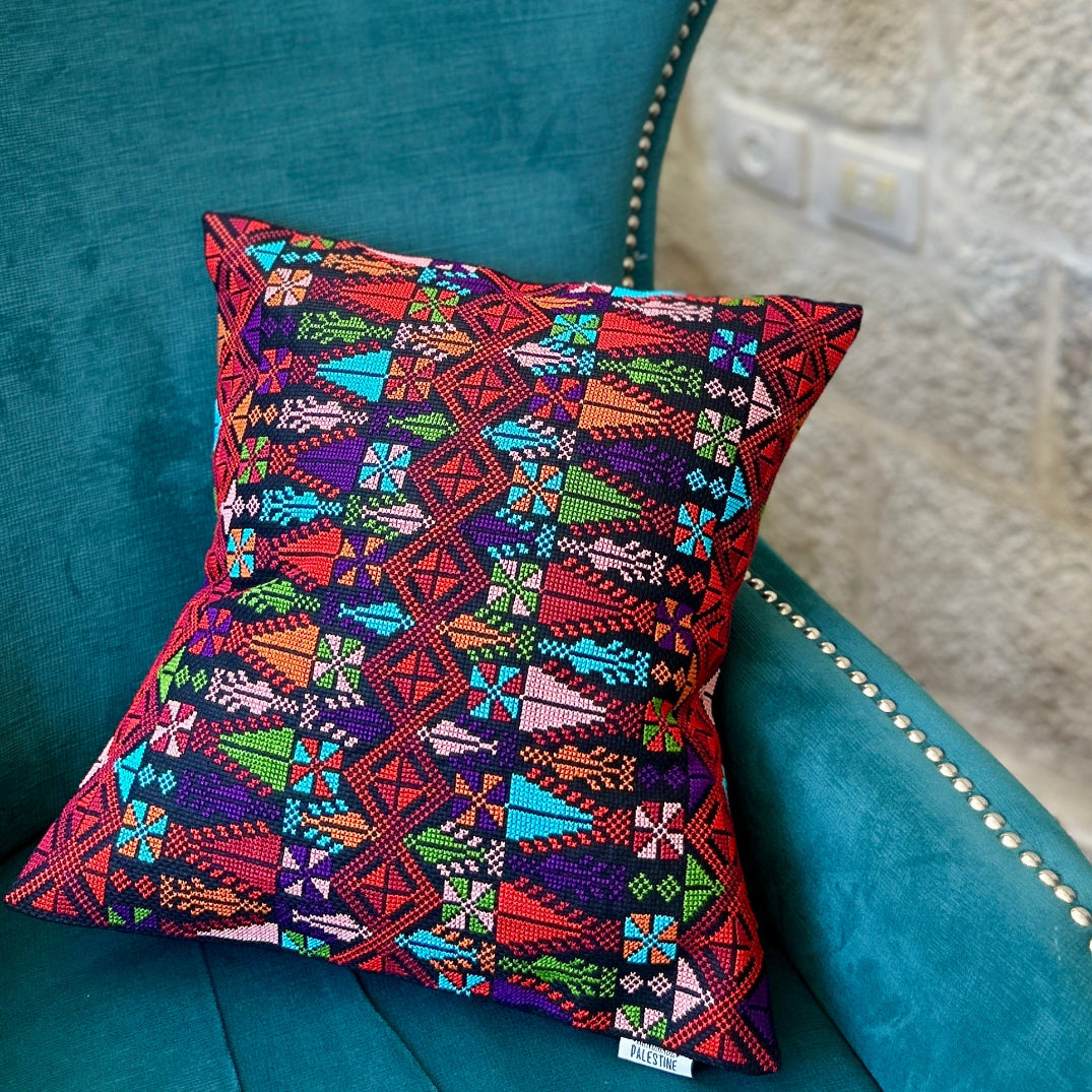 Vibrant Colored Tatreez on Black Cushion Cover from Palestine | Palestinian Embroidery
