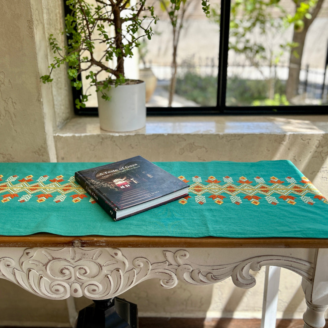 Teal Table Runner with Tatreez by Hand from Women in Palestine