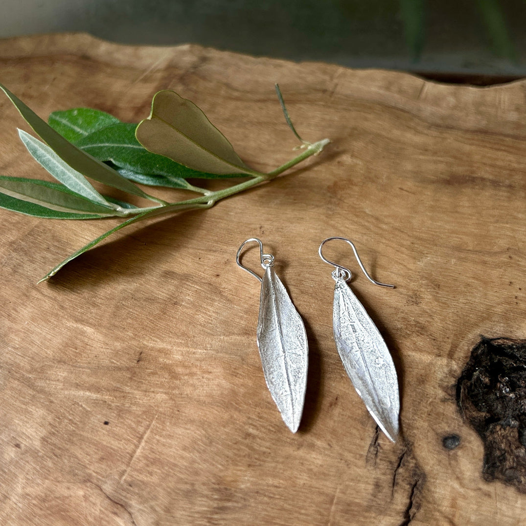Hand Crafted Sterling Silver Earrings | Twisted Olive Leaf from Palestine