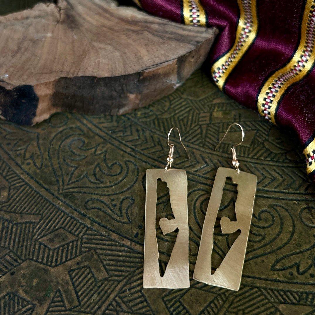 I Heart Palestine Map Shaped Brass Earrings | Handmade Jewelry from Palestine