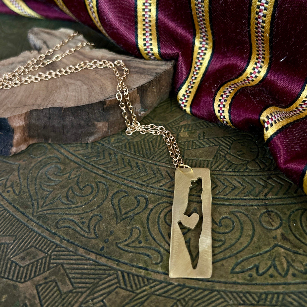 I Heart Palestine Map Shape Brass Necklace | Handmade Jewelry from Palestine