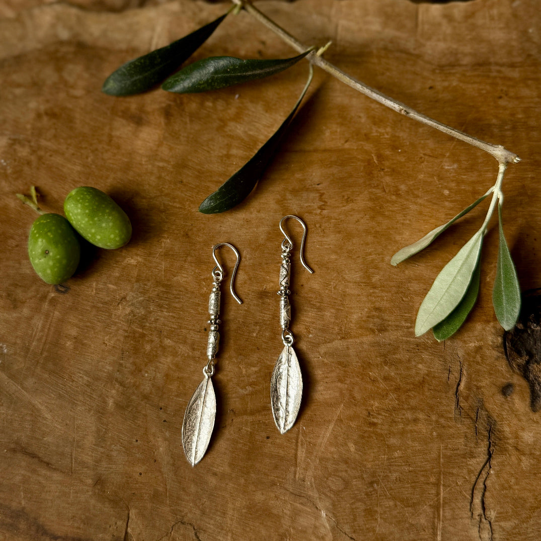 Dangling Sterling Silver Olive Leaves Earrings | Wrapped Leaves One of A Kind