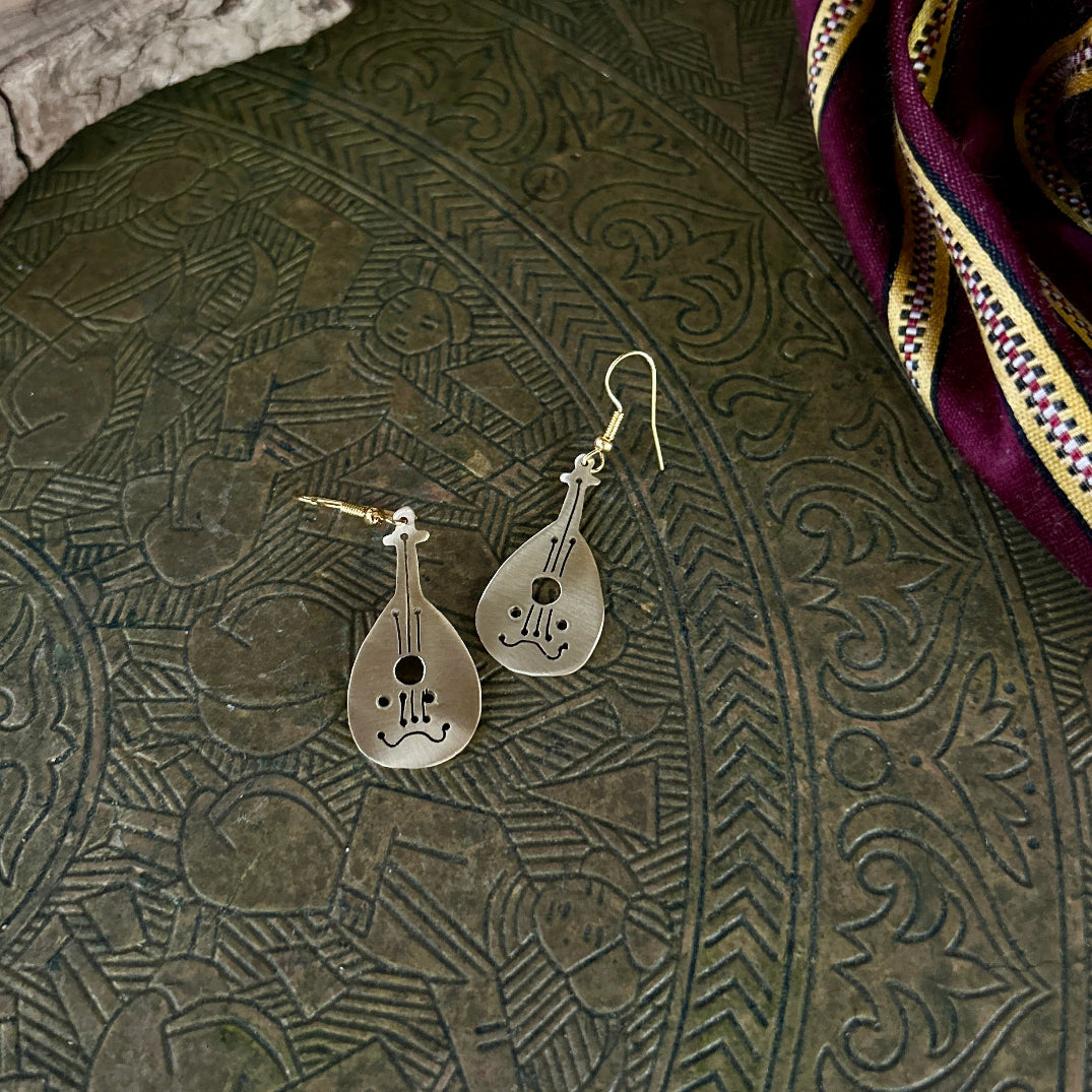 Oud Instrument Shaped Earrings in Brass | Handmade Jewelry from Palestine